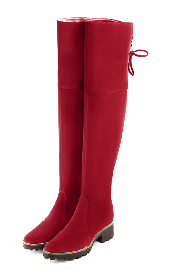 Cardinal red women's leather thigh-high boots. Round toe. Low rubber soles. Made to measure. Front view - Florence KOOIJMAN